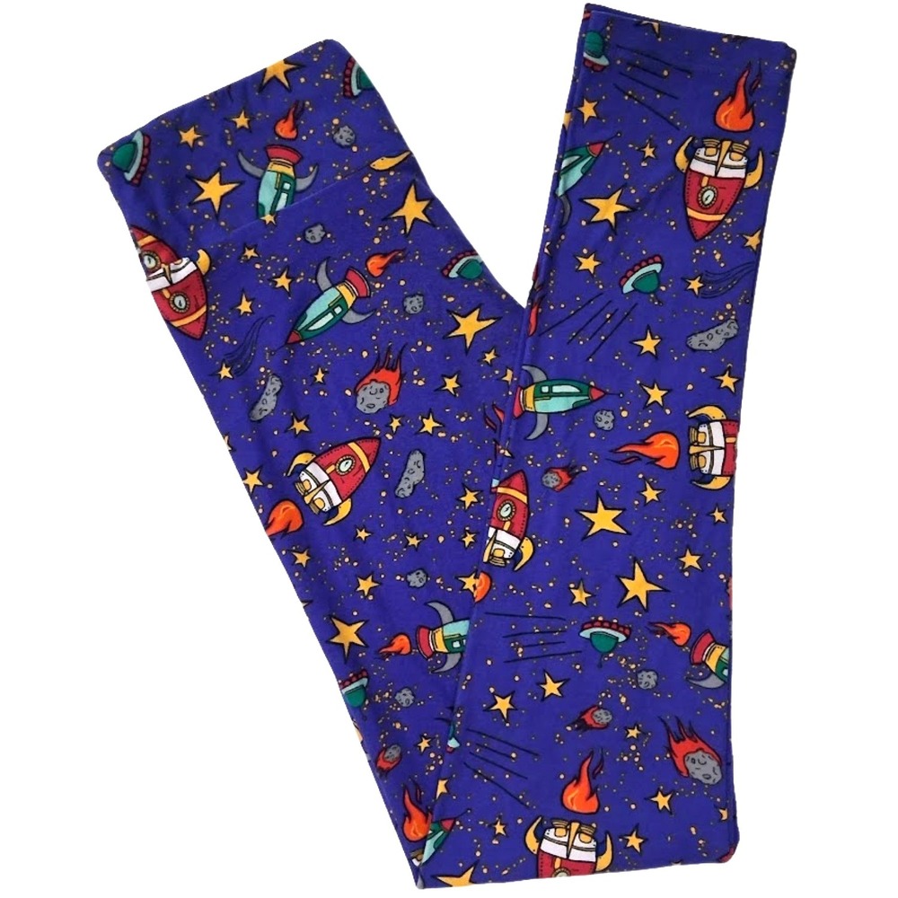 Lularoe Tween Size Purple Space Rocketship Leggings Outer Stars‎ Soft
